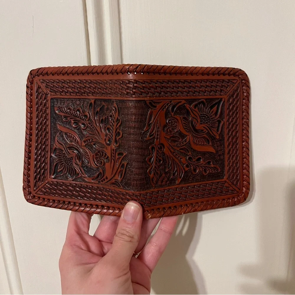 Hand Tooled Leather Wallet Made in Mexico Brown Floral Braided Like New